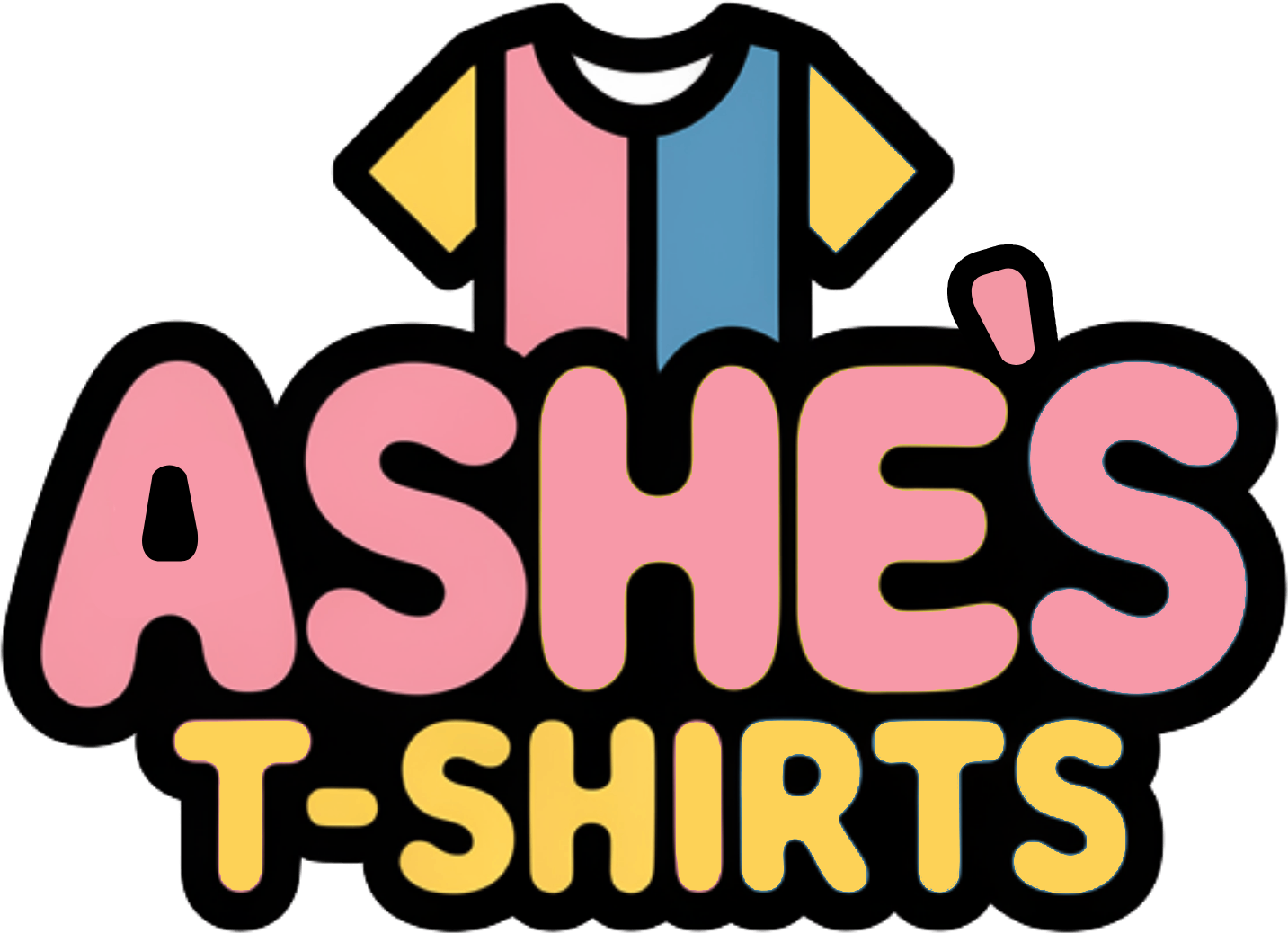 Logo for Ashes T-Shirts, featuring a colorful T-shirt graphic and the words 