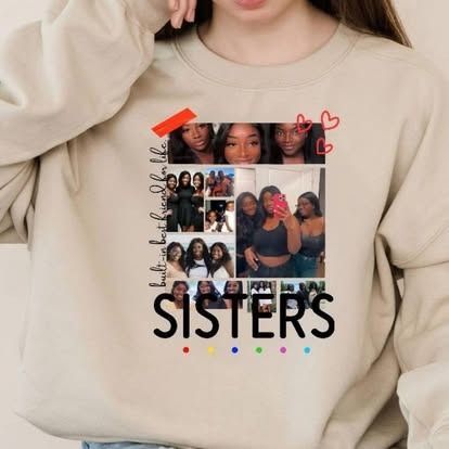 Cream-colored sweatshirt with a collage of photos of people and the word