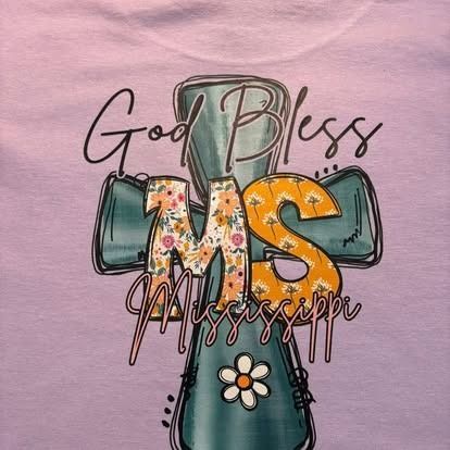 Lavender shirt with floral cross;