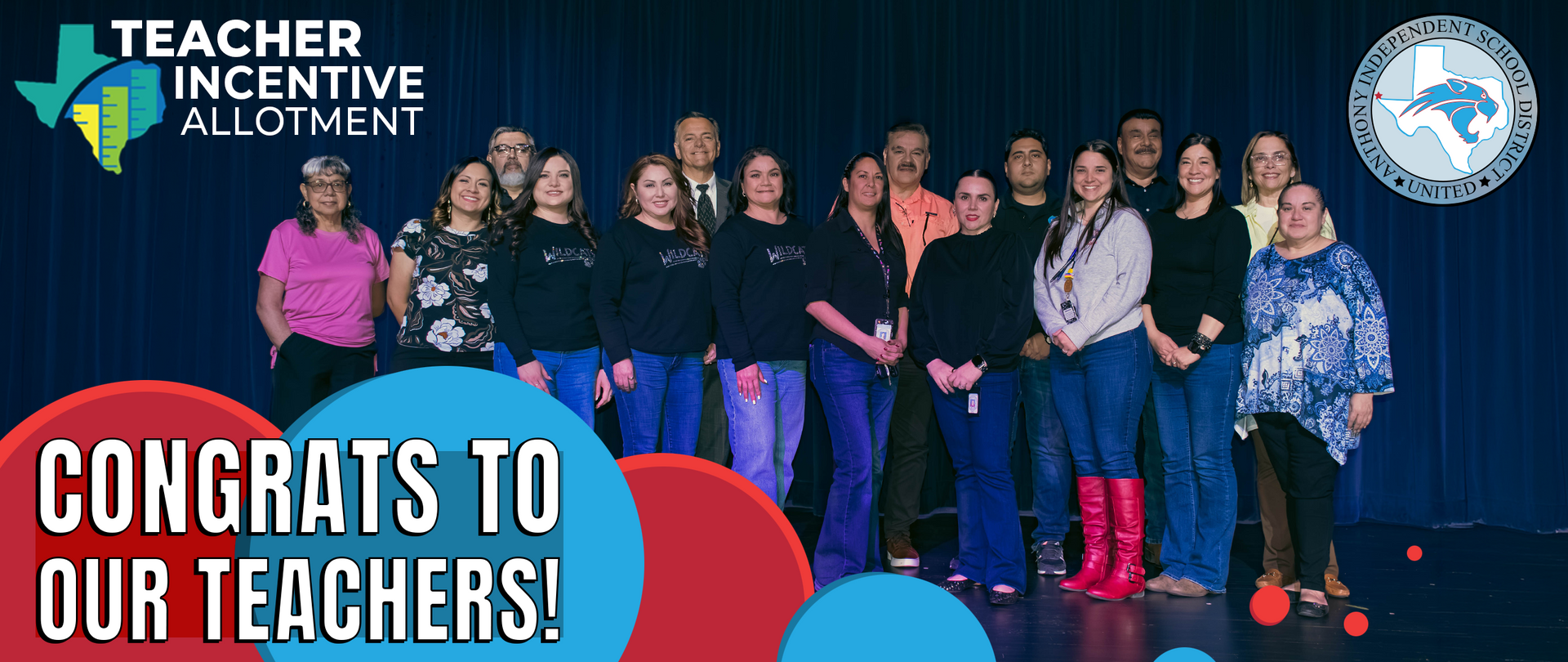 Group of teachers in blue jeans and black shirts, with text 