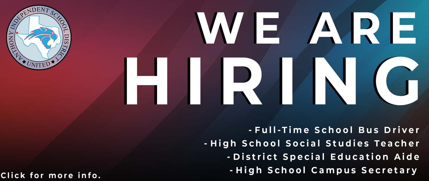 Hiring flyer with large white text on a maroon background listing school bus, social studies, special education, and campus jobs.