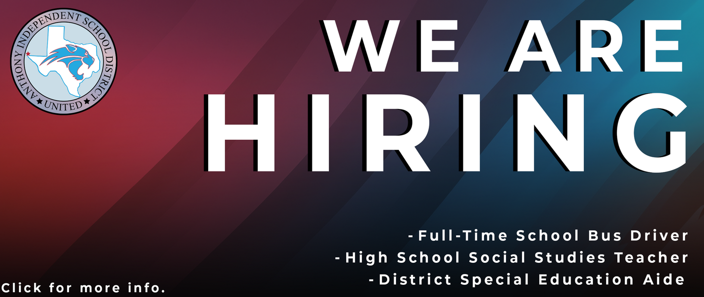 We Are Hiring: Full-time school bus driver, starting at $22.20 per hour. Features a district logo on a red-blue background.