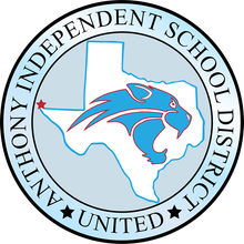 Anthony Independent School District seal with Texas outline and blue cougar logo