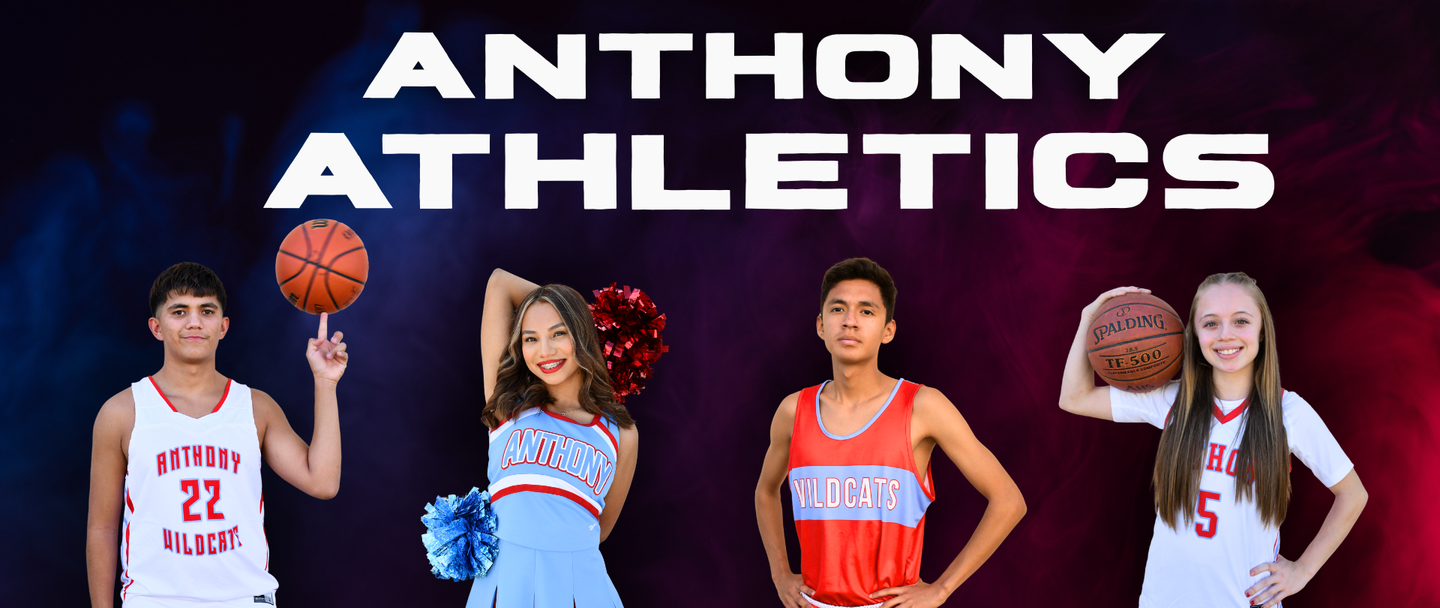 Image says Athony Athletics and shows a picture of a male basketball player spinning a basketball on one finger, a cheerleader with red and blue pom-poms, a cross crountry runner, and a female basketball player holding a basketball