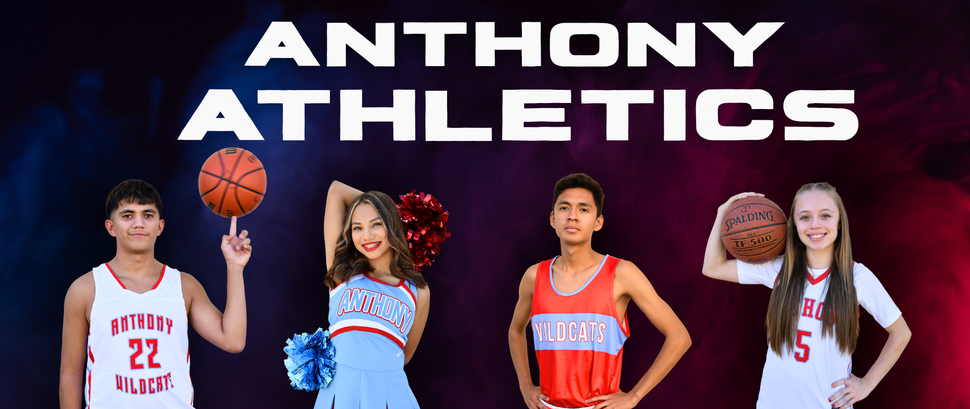Image says Athony Athletics and shows a picture of a male basketball player spinning a basketball on one finger, a cheerleader with red and blue pom-poms, a cross crountry runner, and a female basketball player holding a basketball