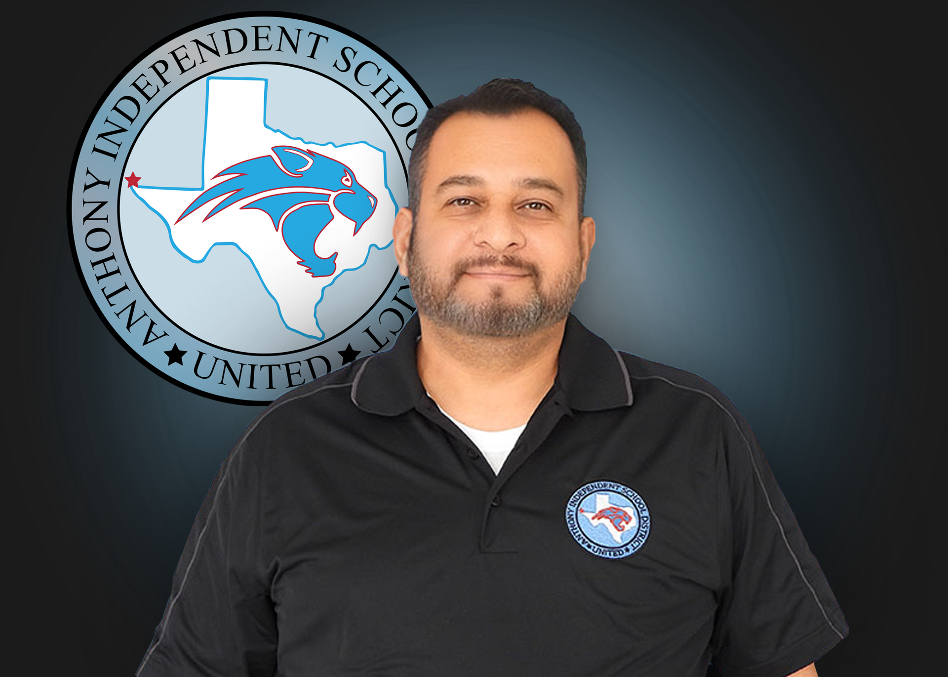 A man is standing in front of an independent school logo