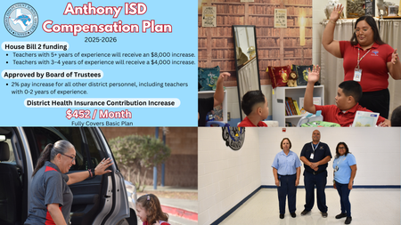 Photo showing text about AISD's new compensation plan and district employees, students