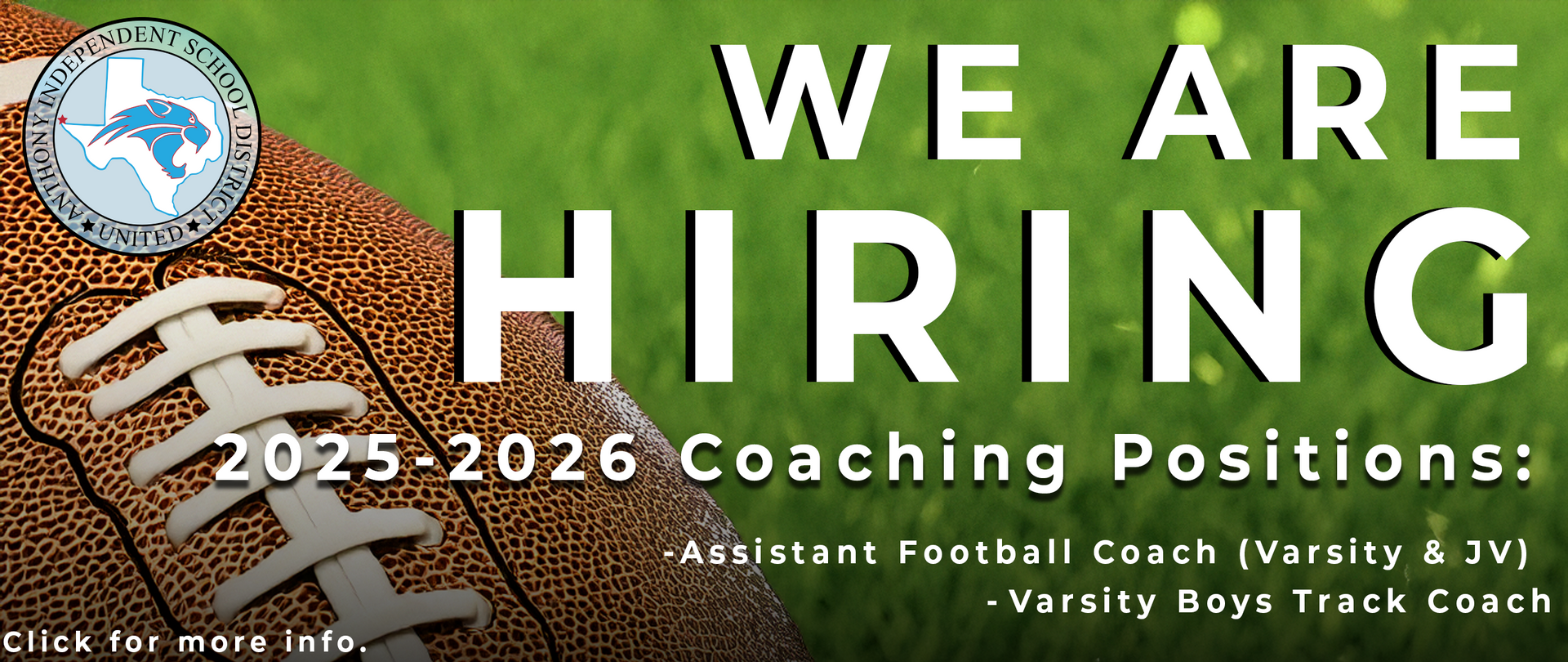 A sign that says we are hiring with a football in the background