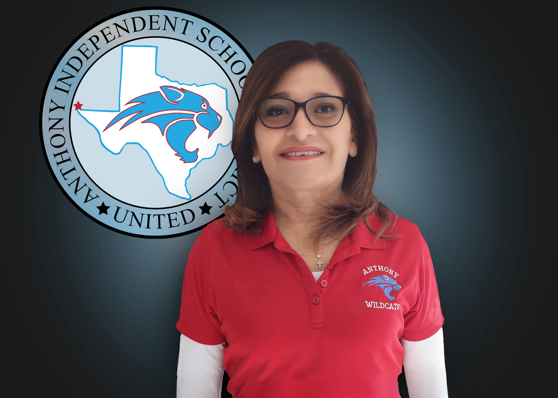 A woman wearing glasses and a red shirt is standing in front of an independent school logo.