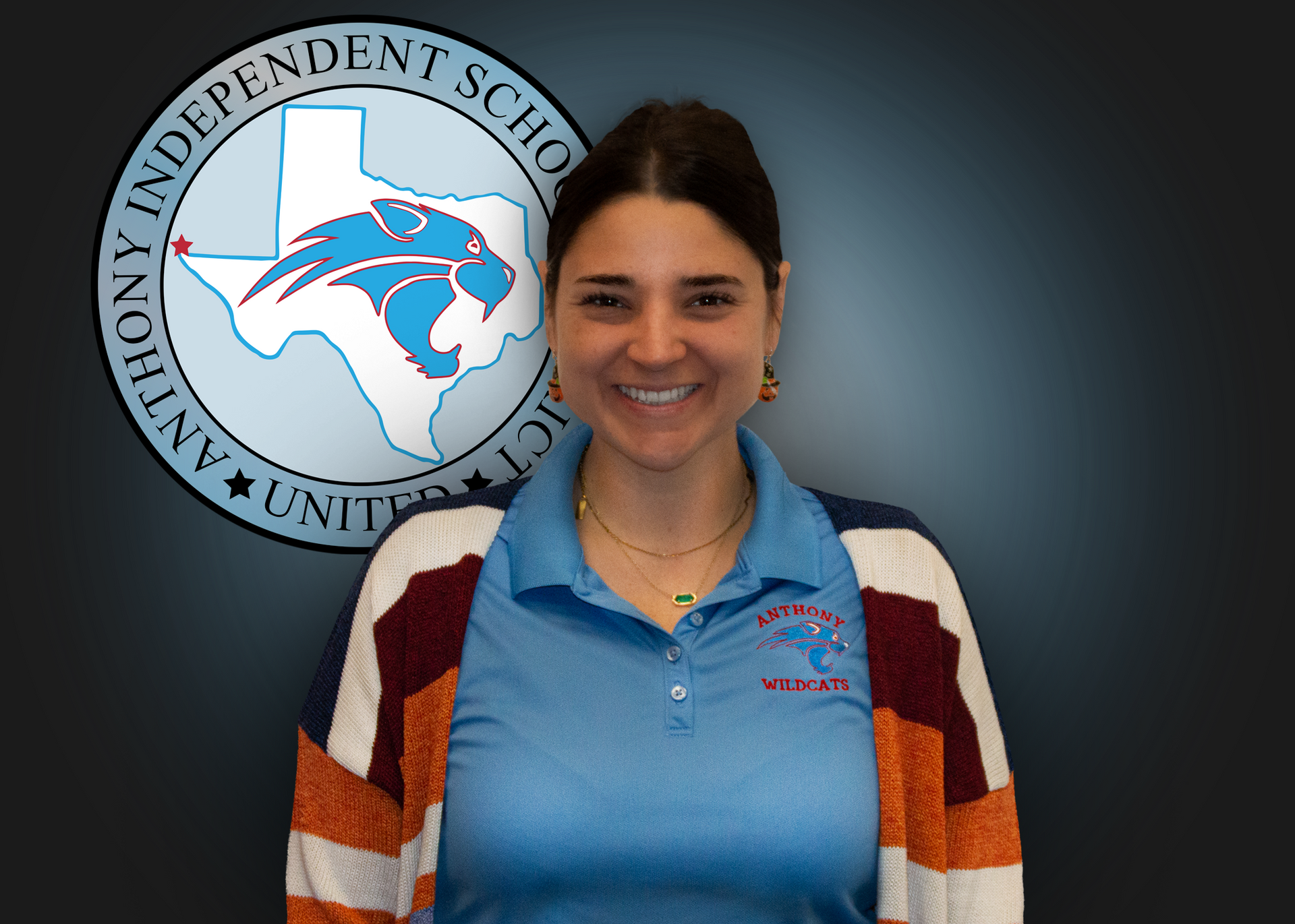 A woman is smiling in front of a logo for anthony independent school