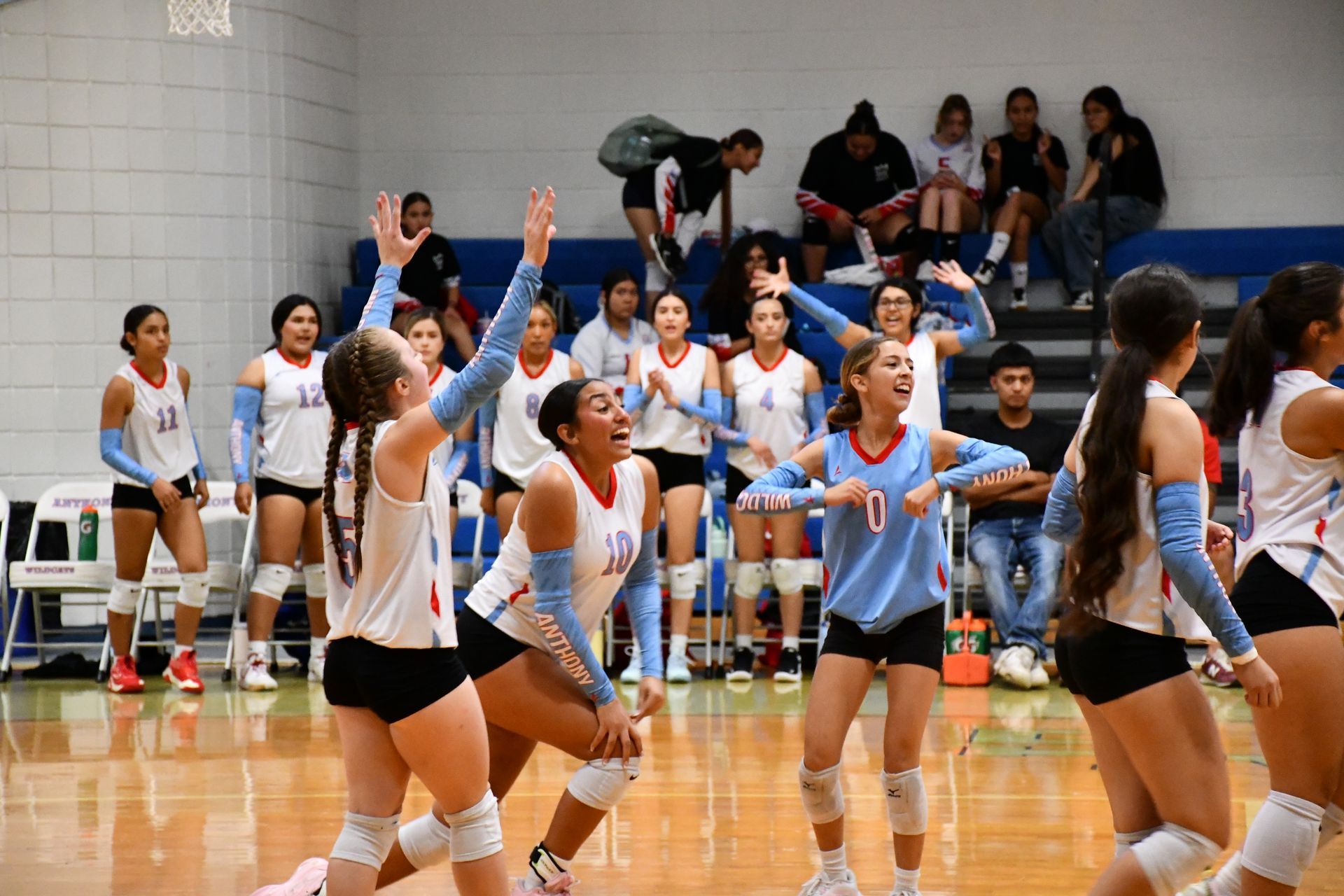 Anthony volleyball players smile, dance and wave their hands in the air on the court
