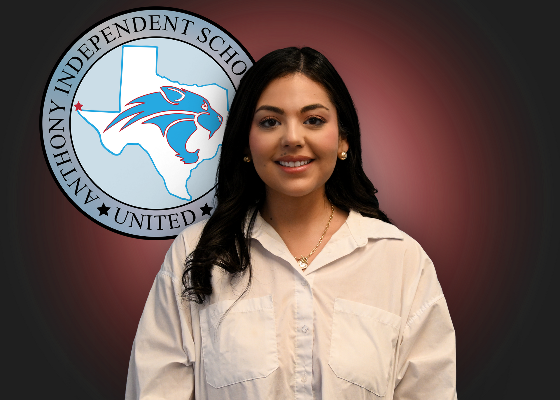 A woman is standing in front of an independent school logo.