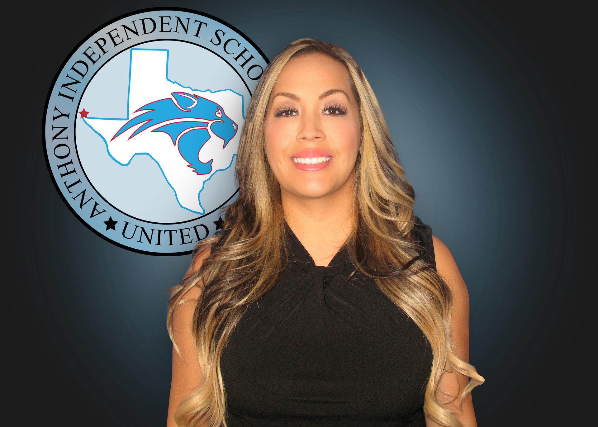 A woman stands in front of an independent school logo