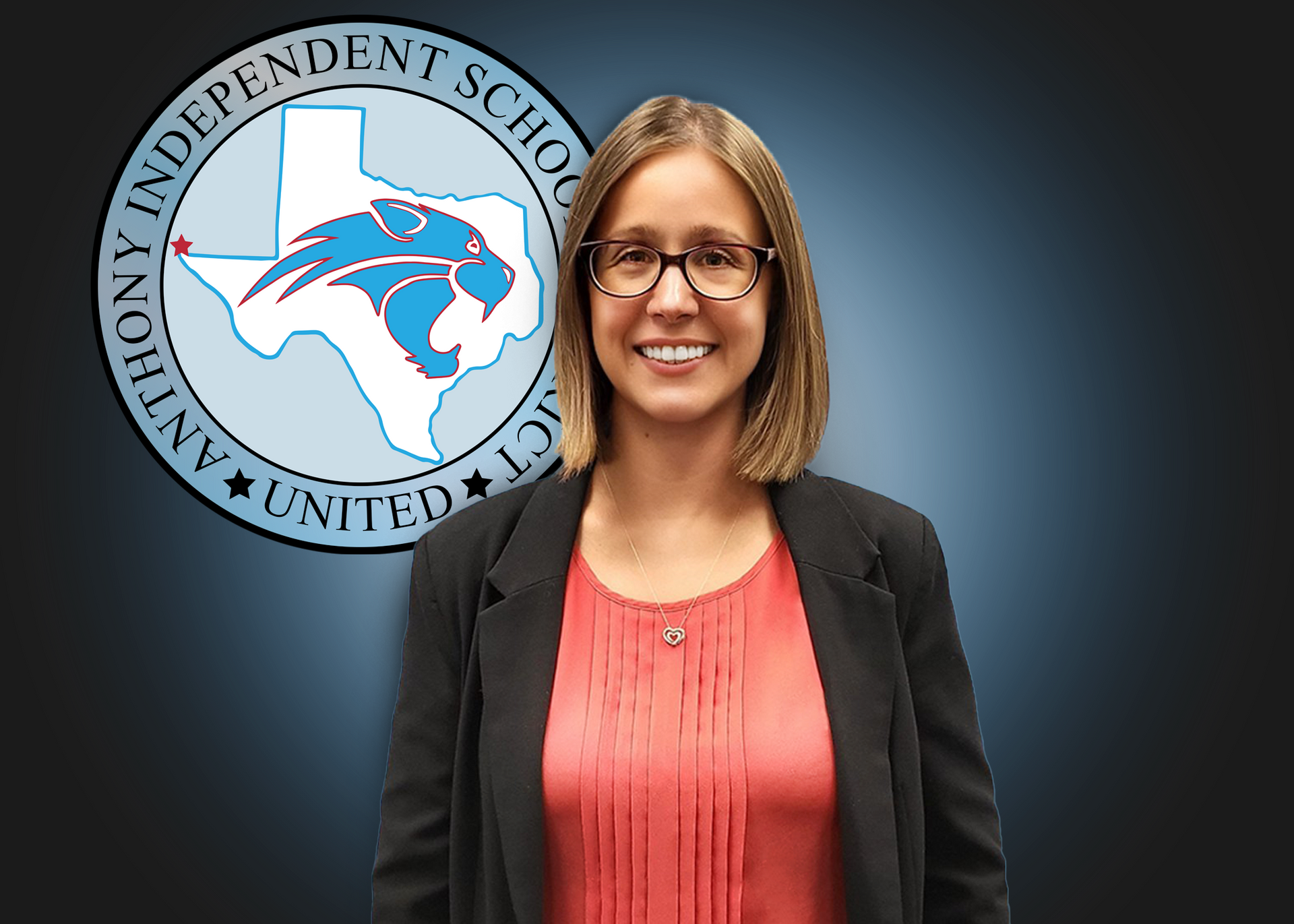 A woman is standing in front of an independent school logo