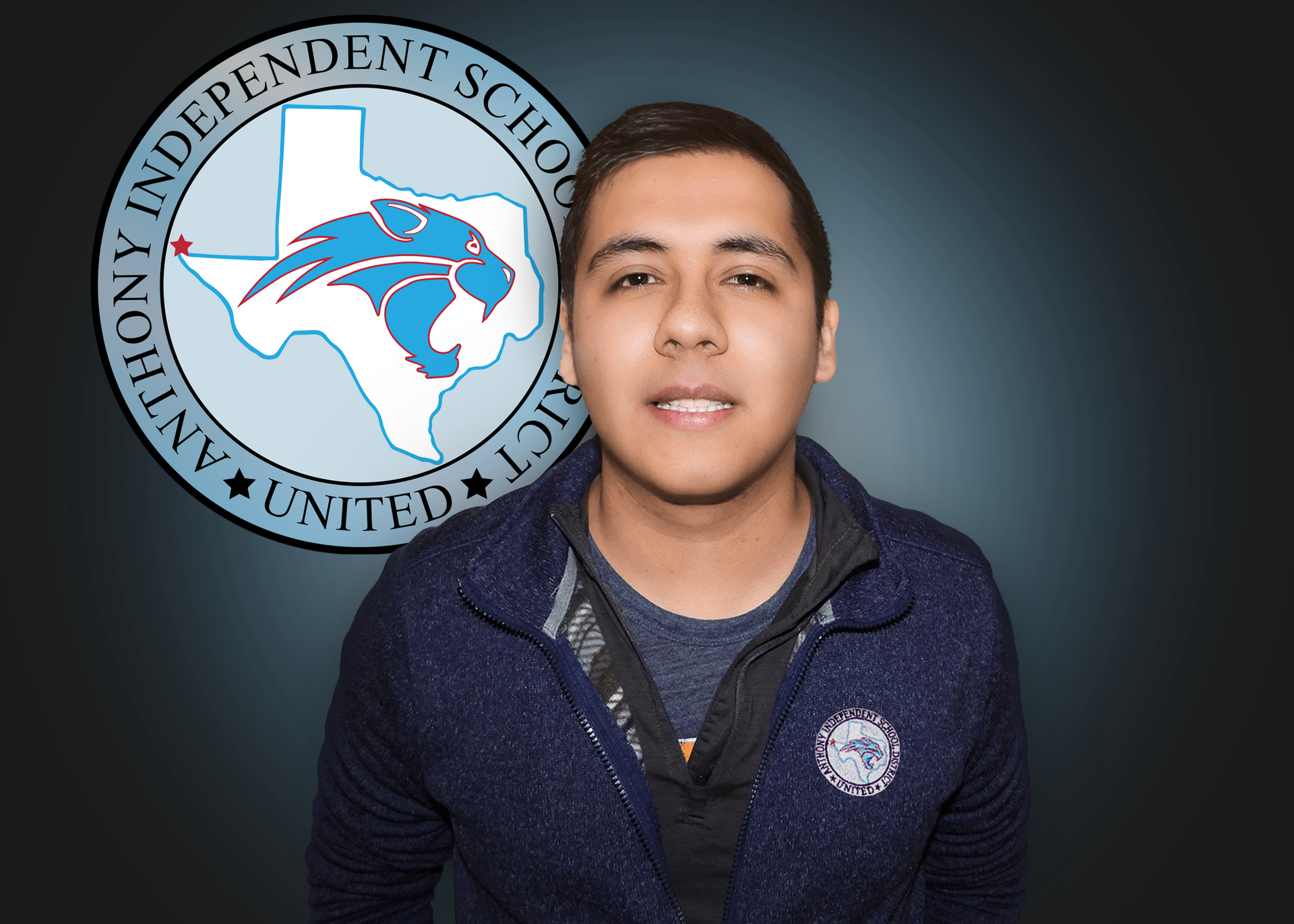 A man stands in front of an independent school logo