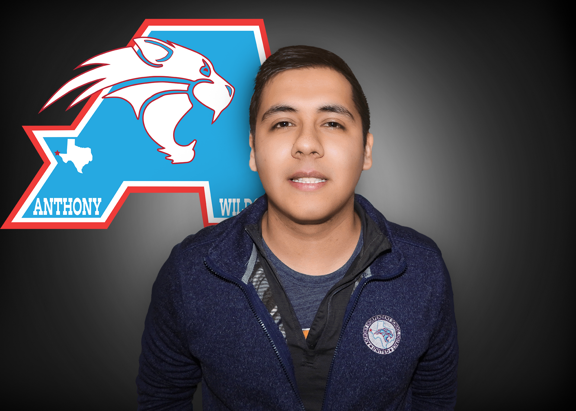 Francisco Rodriguez stands in front of Anthony High School logo.