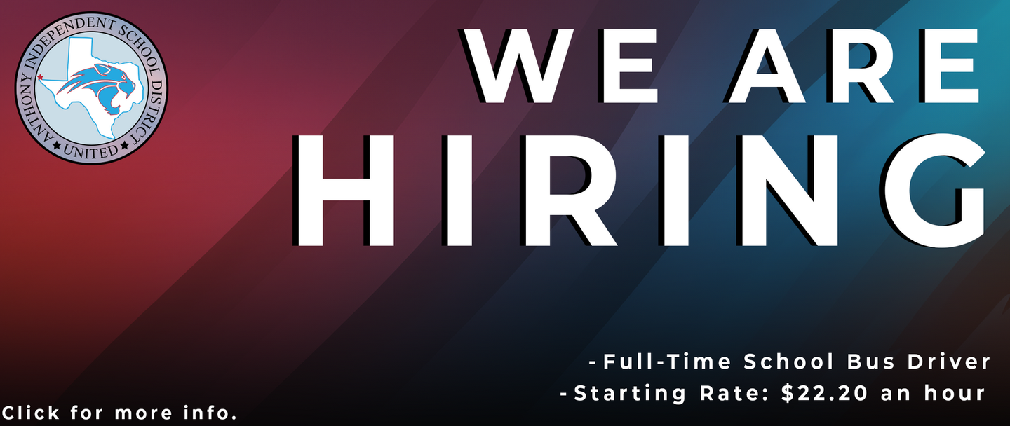 We Are Hiring: Full-time school bus driver, starting at $22.20 per hour. Features a district logo on a red-blue background.