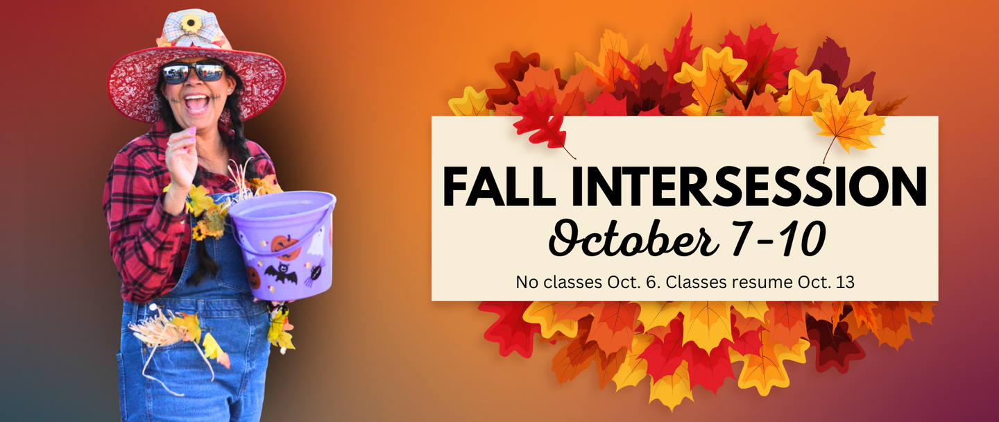 Woman wearing scarecrow costume holding a candy basket. The photo has text about intersession break happening October 7-10.
