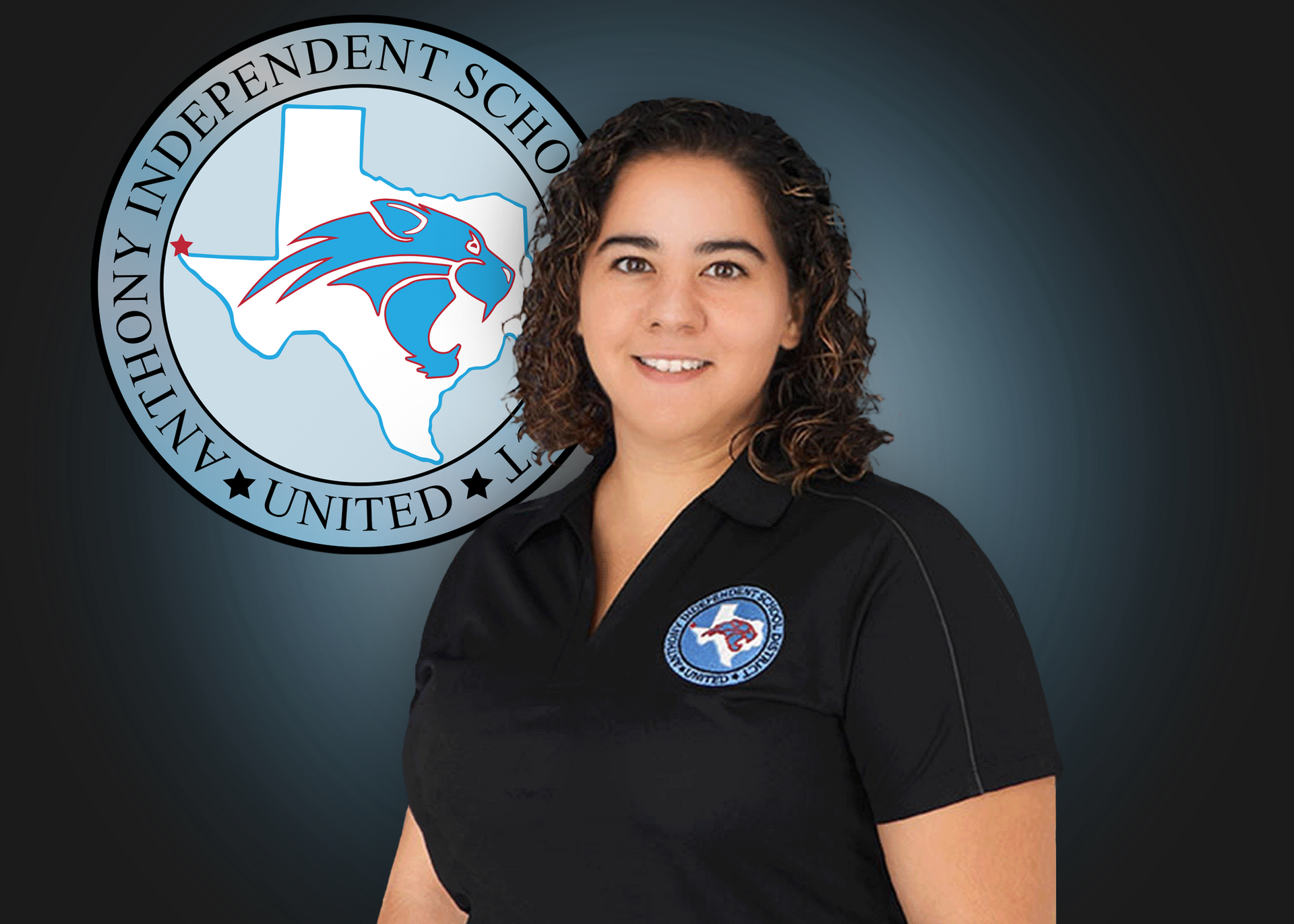 A woman is standing in front of a logo for anthony independent school