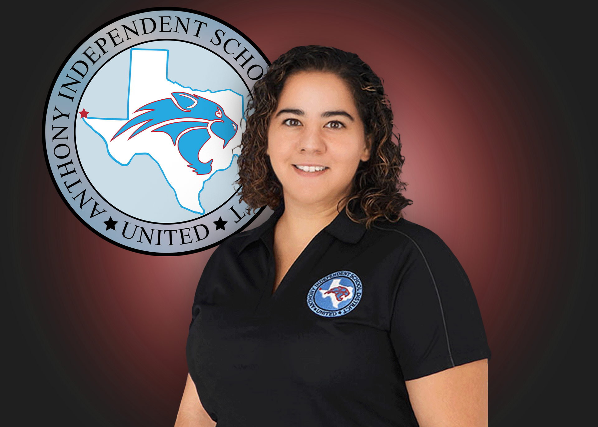 A woman is standing in front of a logo for anthony independent school
