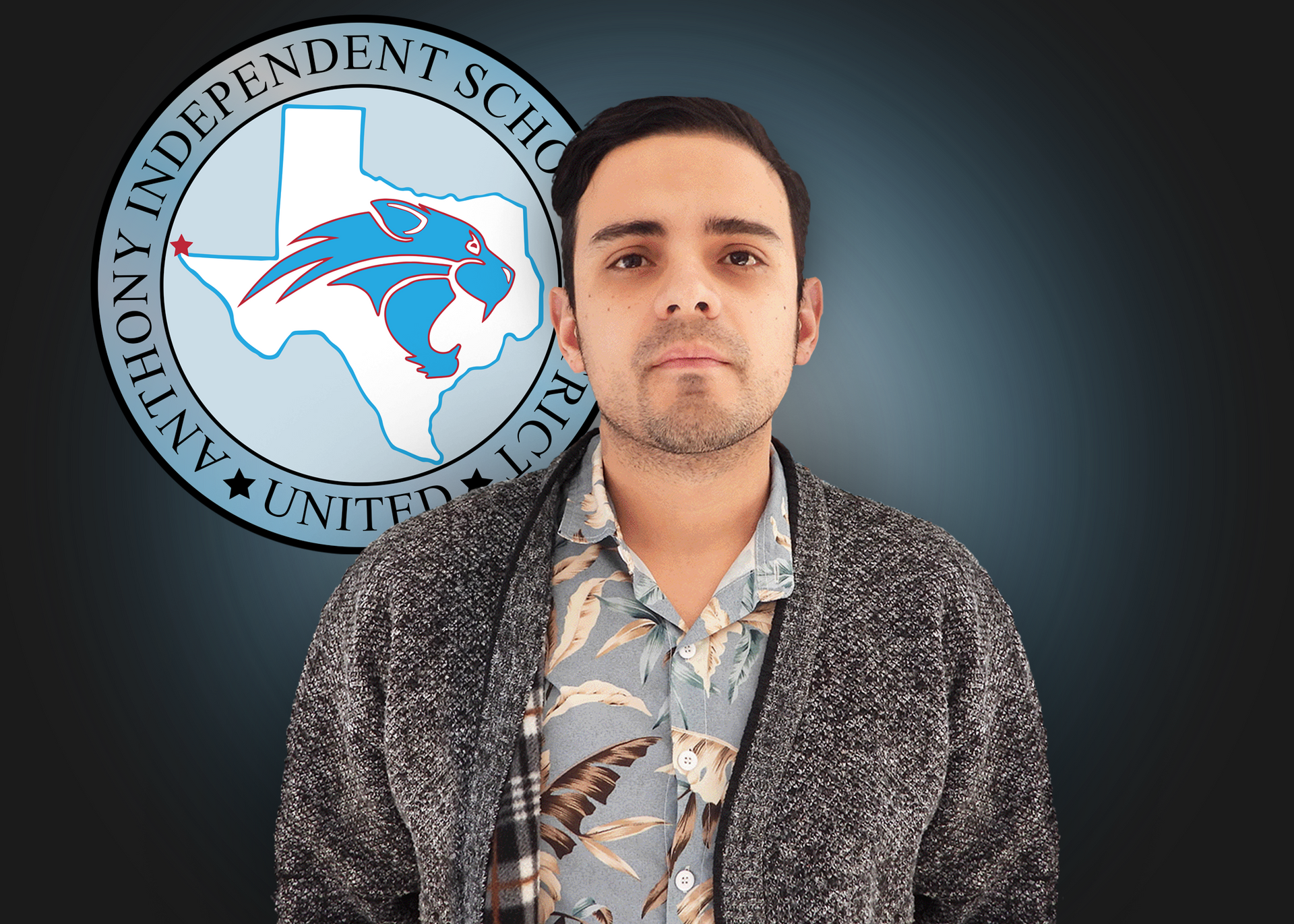 A man is standing in front of an independent school logo