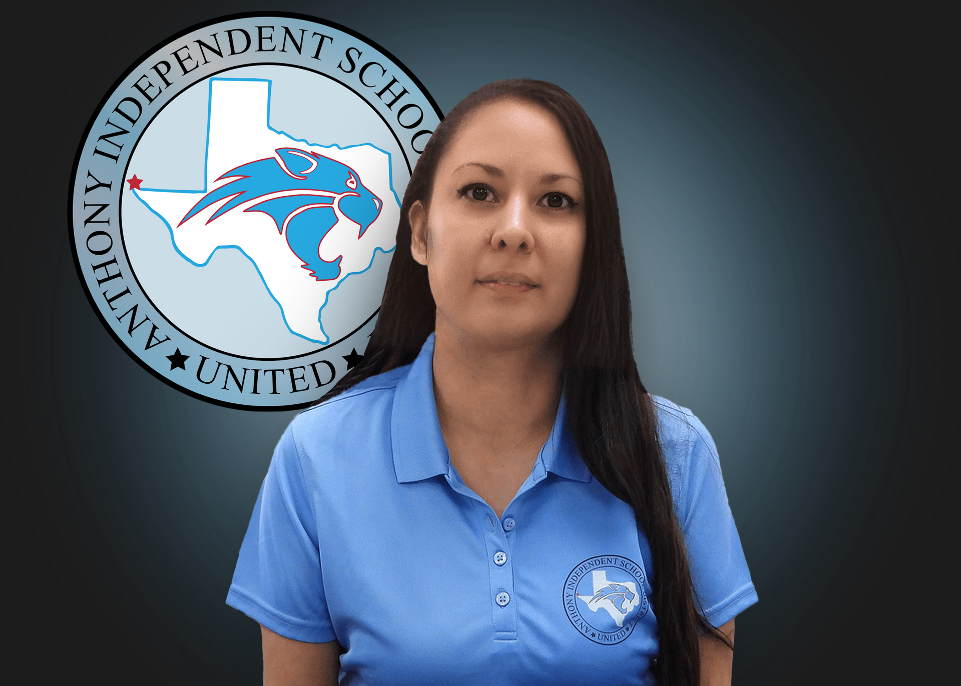 A woman in a blue shirt is standing in front of an independent school logo.