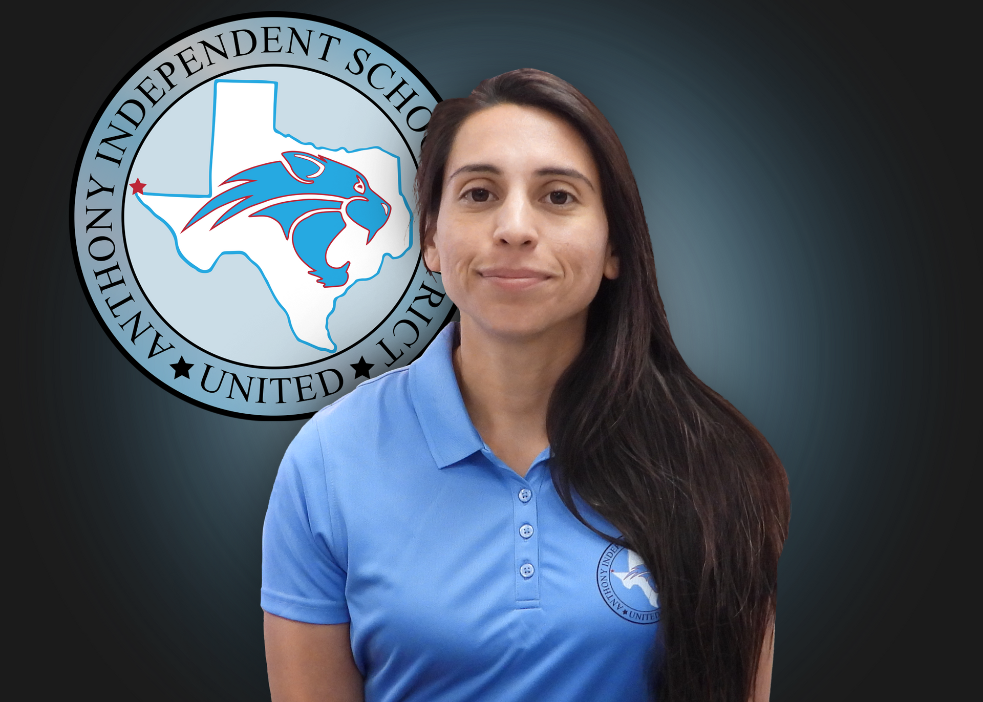 A woman in a blue shirt is standing in front of an independent school logo