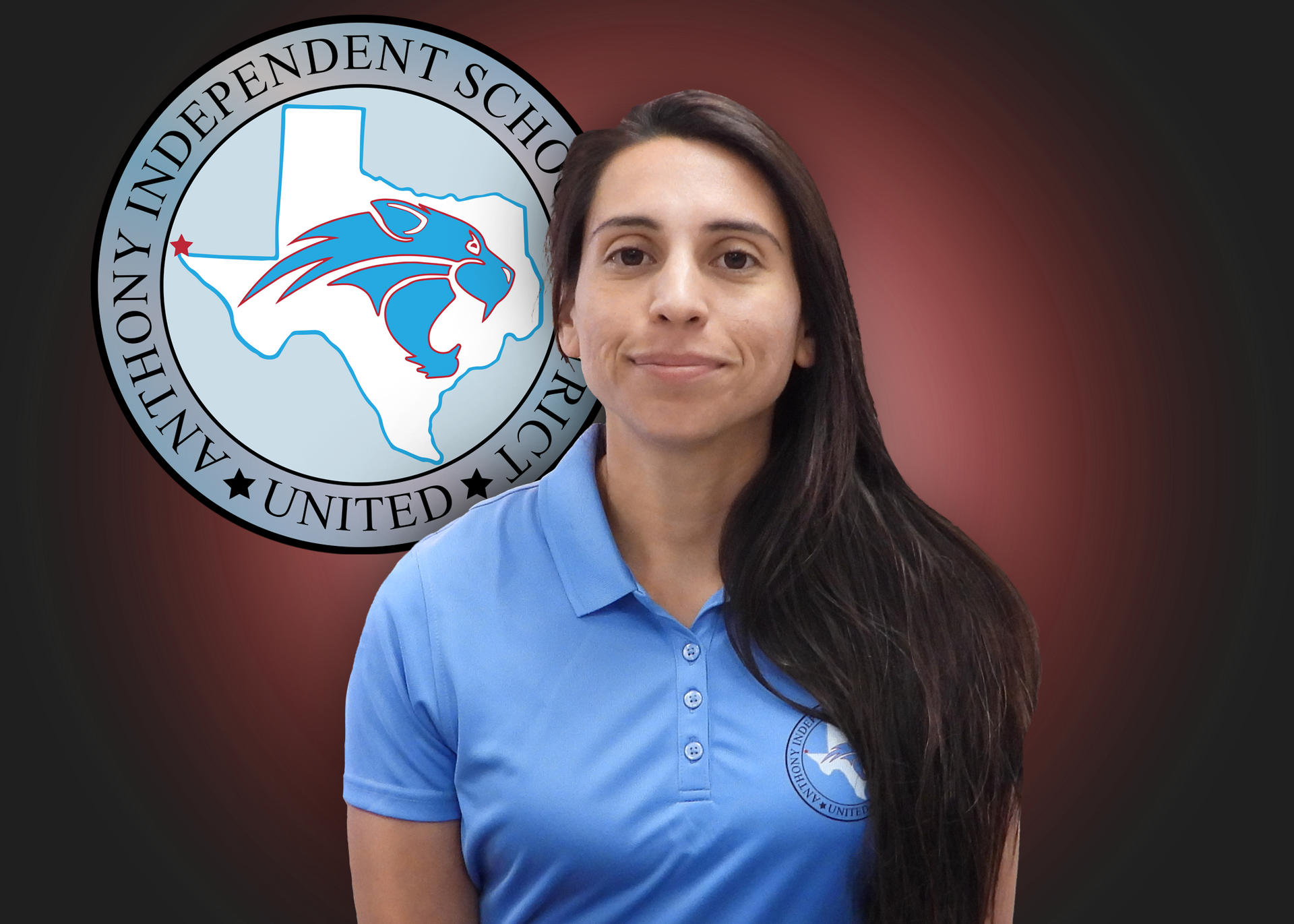 A woman is standing in front of an independent school logo