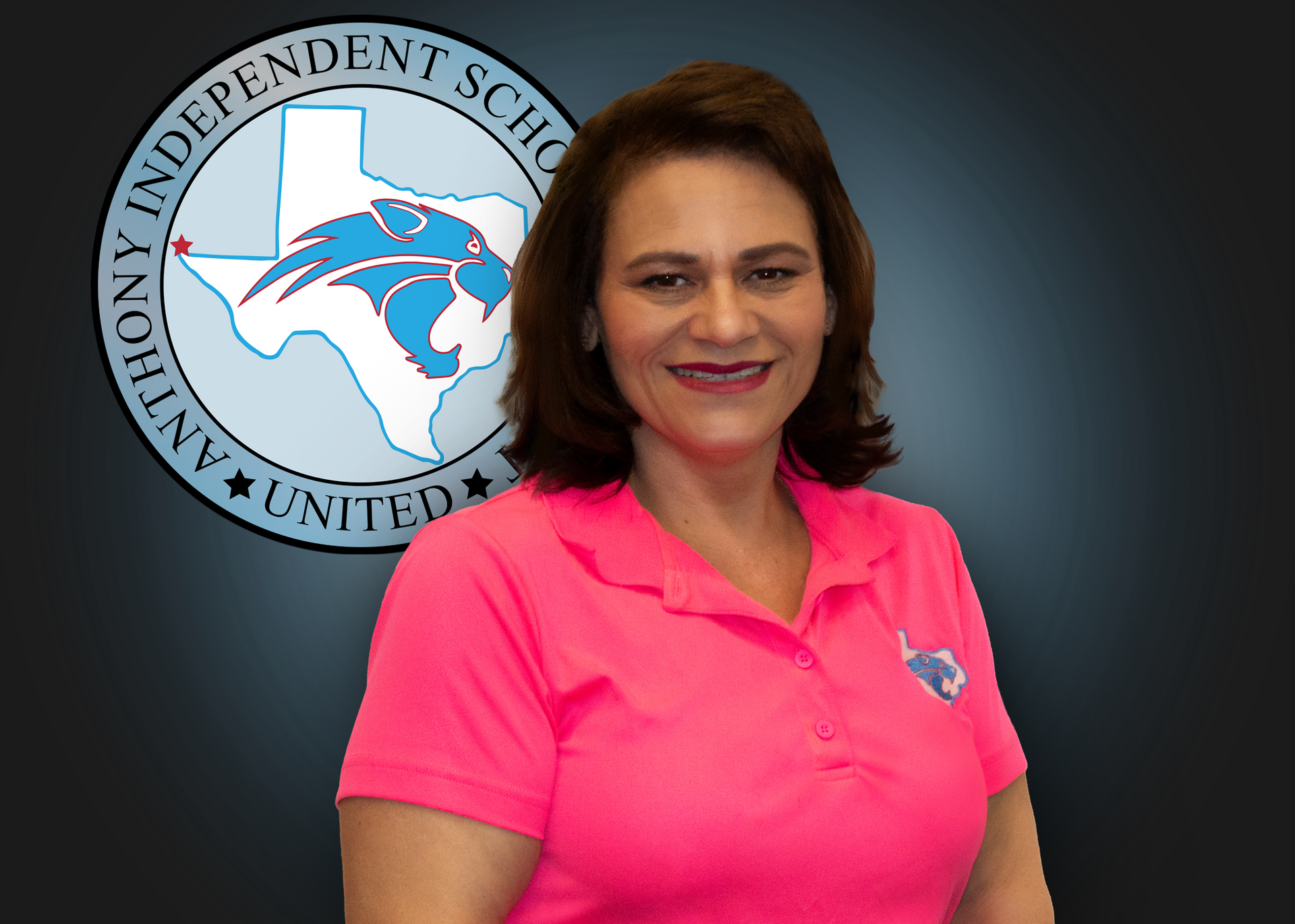 A woman in a pink shirt is standing in front of an independent school logo.