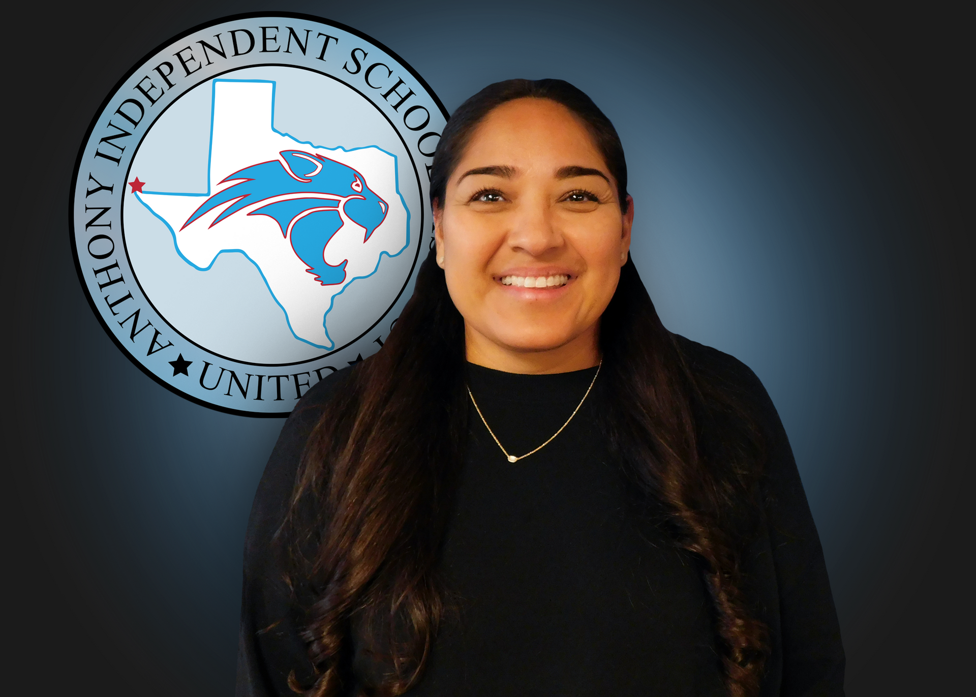 A woman is smiling in front of a logo for anthony independent school
