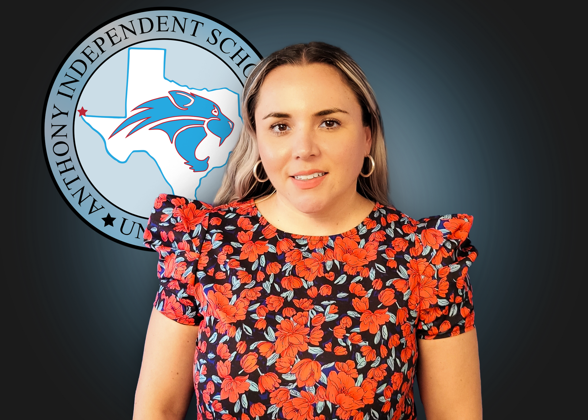 A woman is standing in front of an independent school logo.