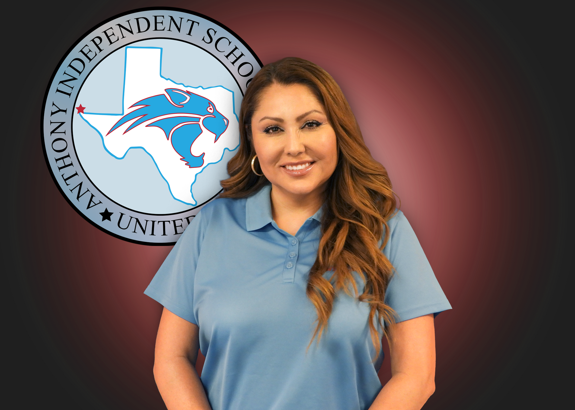 A woman is standing in front of a logo for anthony independent school