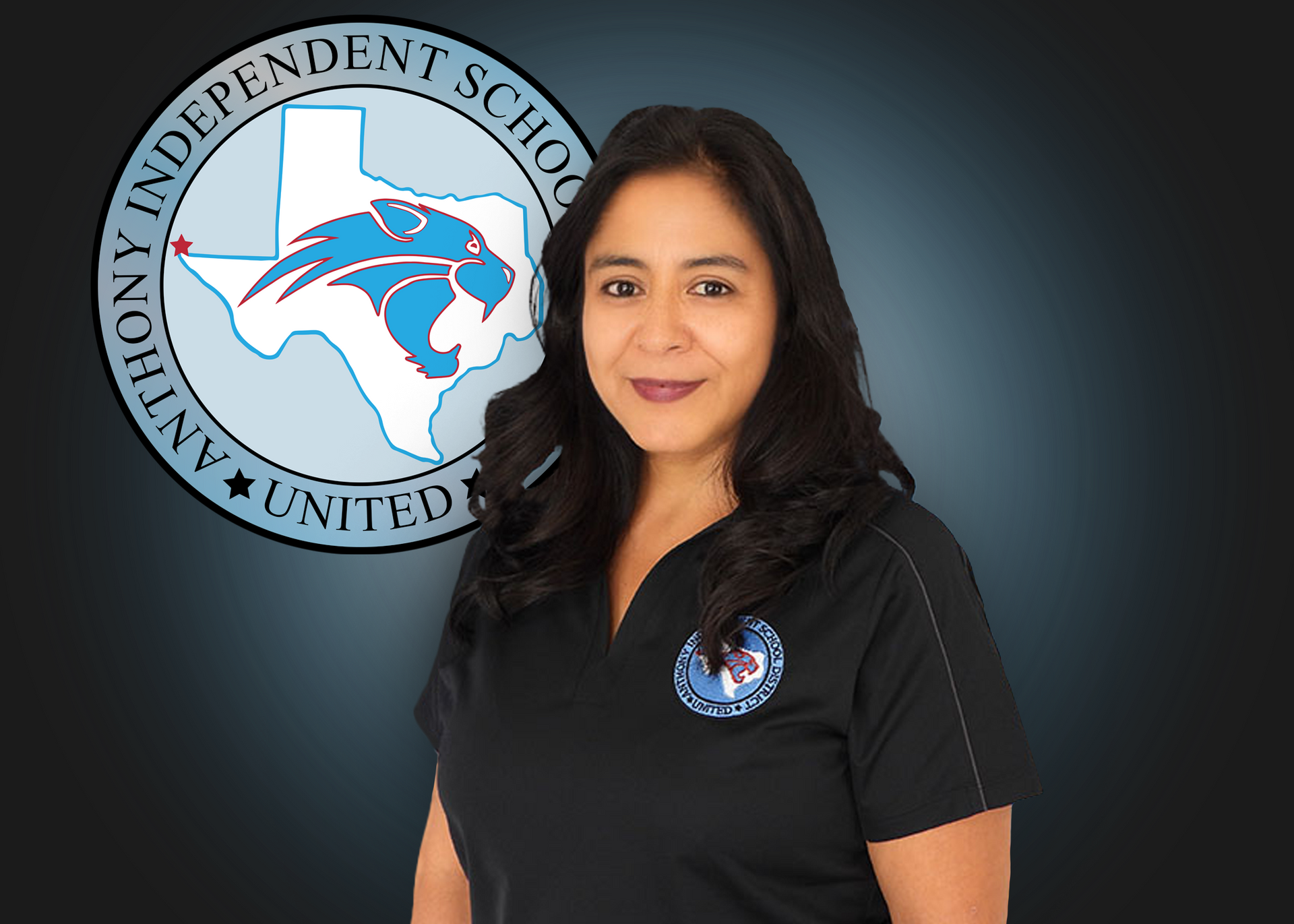 A woman is standing in front of an independent school logo