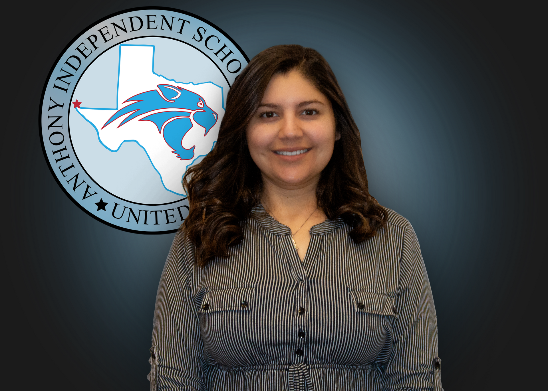 A woman is standing in front of an independent school logo