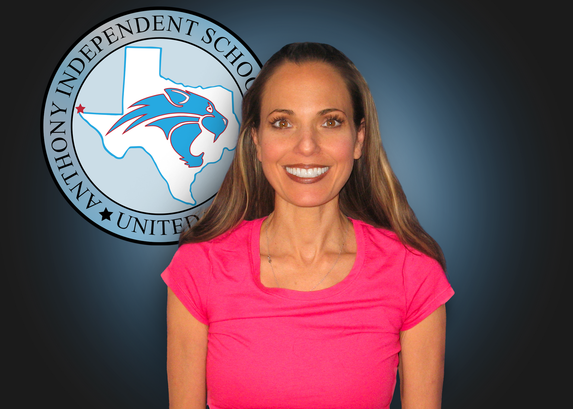 A woman in a pink shirt is smiling in front of an independent school logo