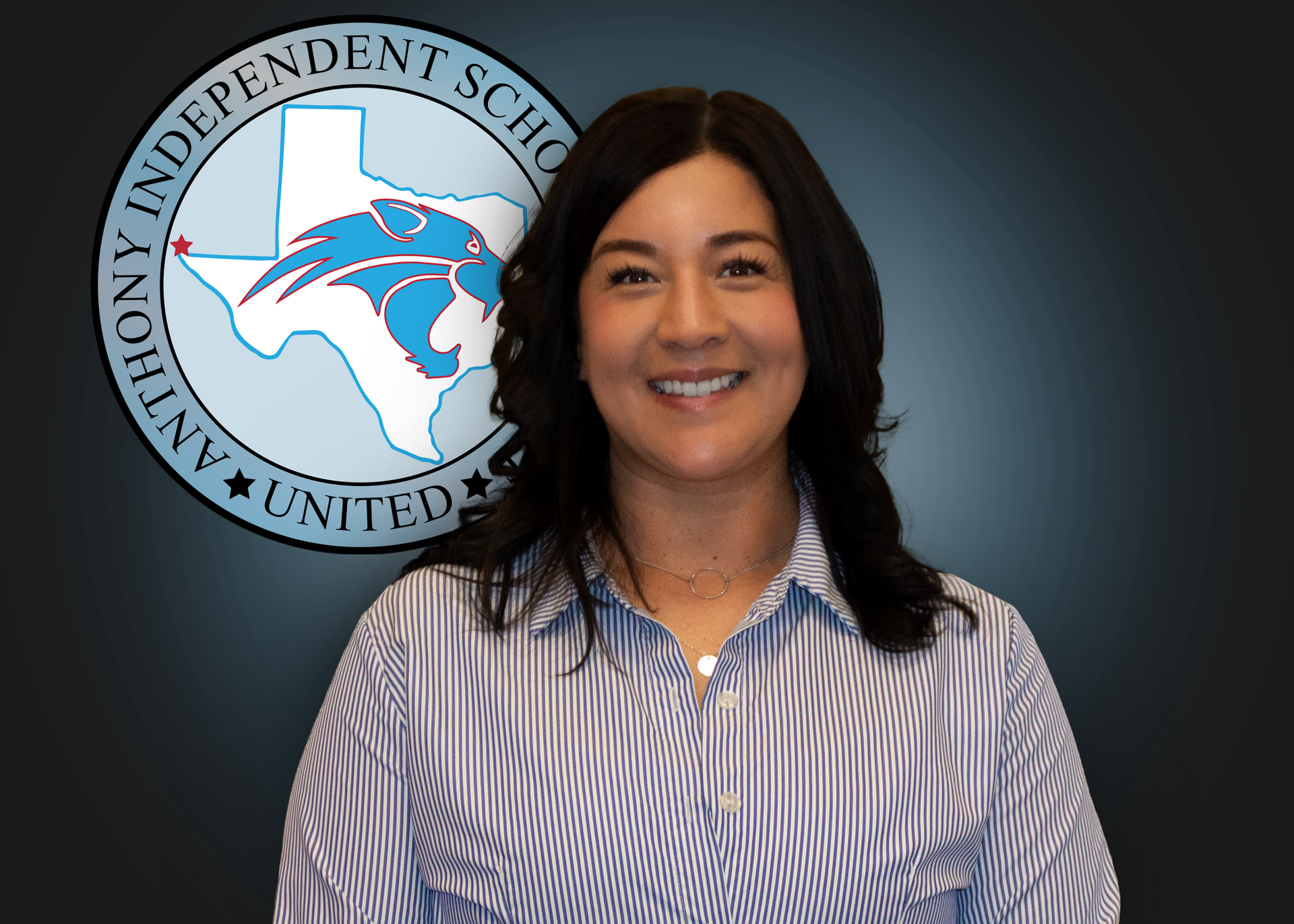 A woman is smiling in front of an anthony independent school logo