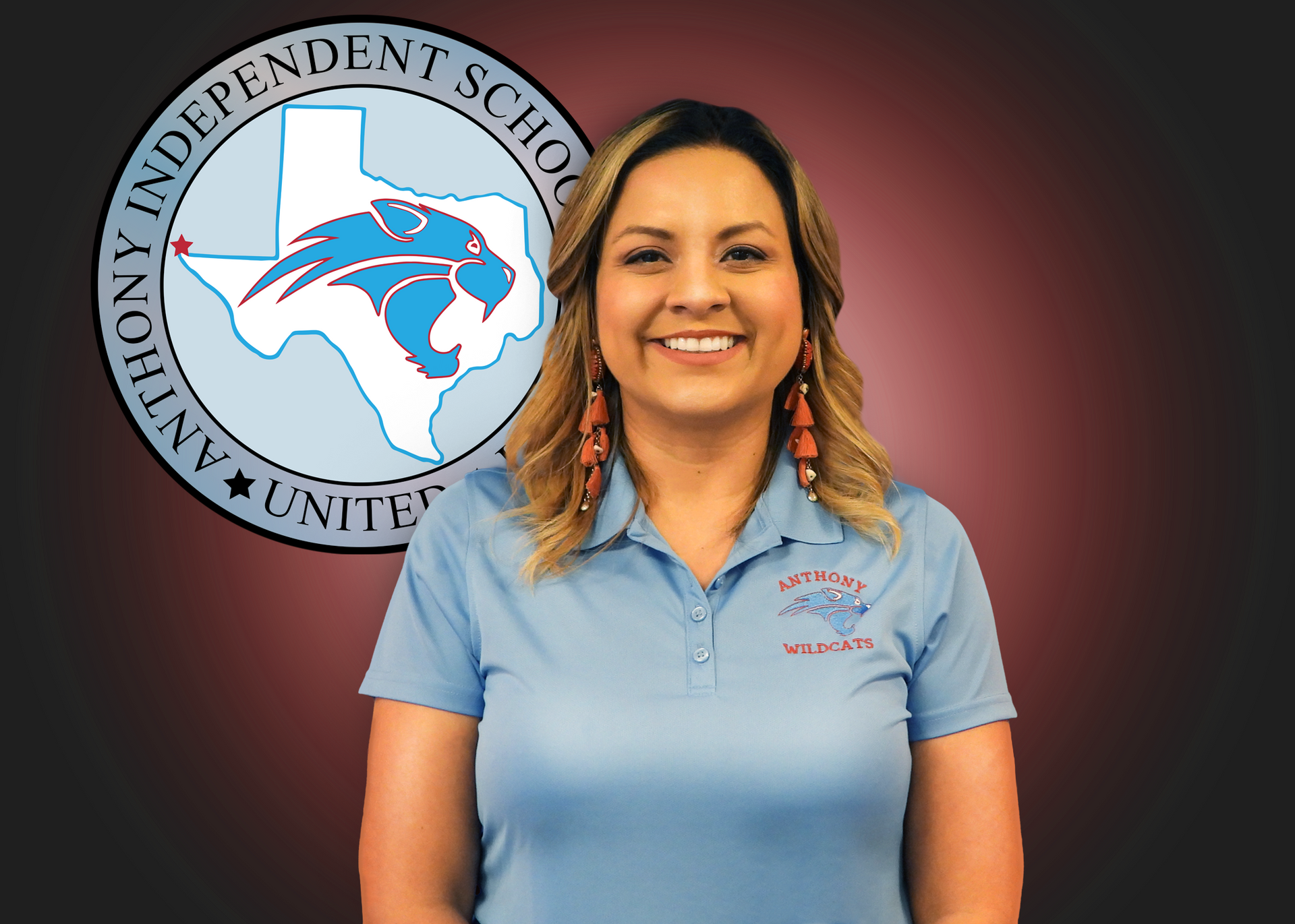 A woman is standing in front of an anthony independent school logo