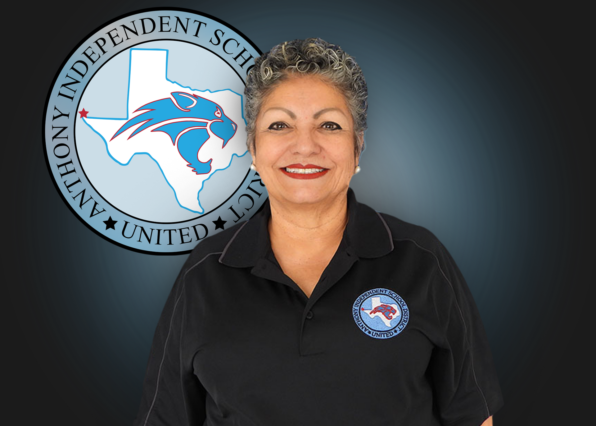 A woman is smiling in front of an independent school logo
