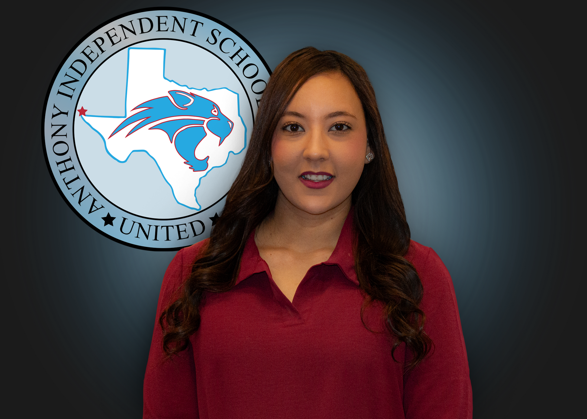 A woman is standing in front of an independent school logo