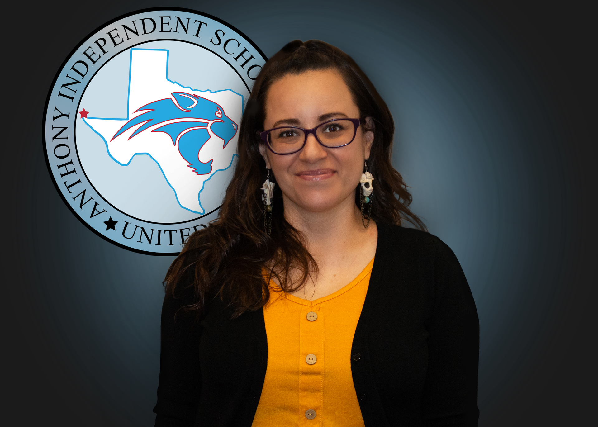 A woman is standing in front of an independent school logo