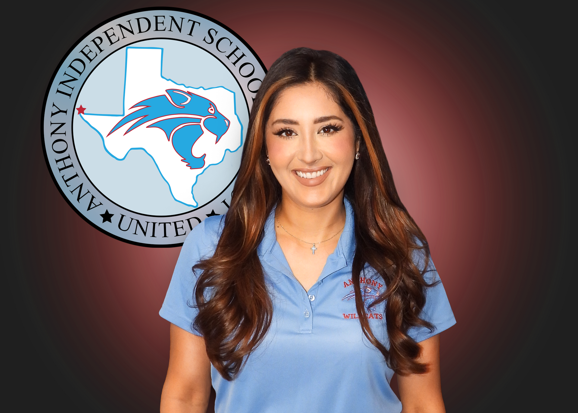 A woman in a blue shirt is standing in front of an independent school logo.