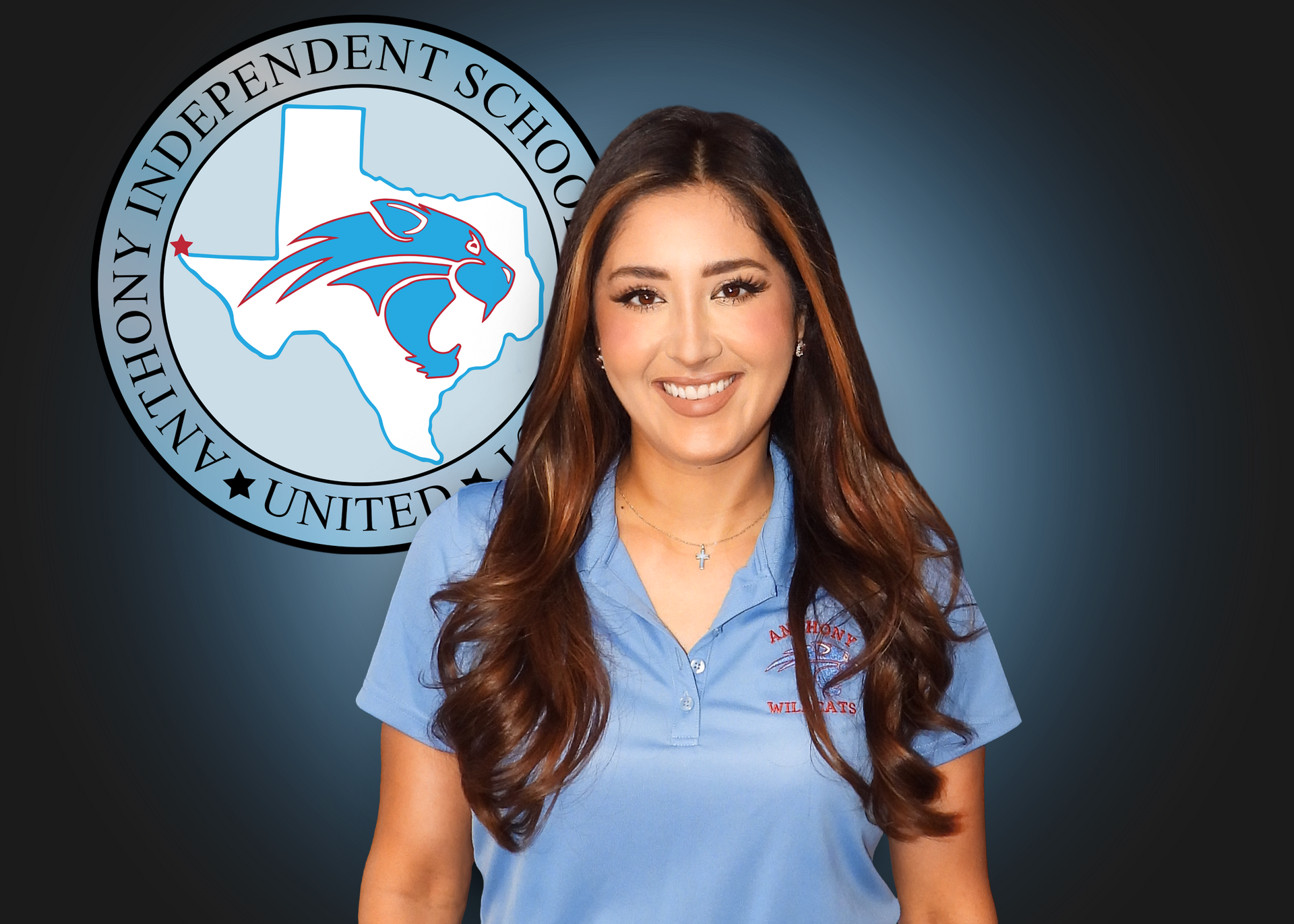A woman in a blue shirt is smiling in front of an independent school logo.