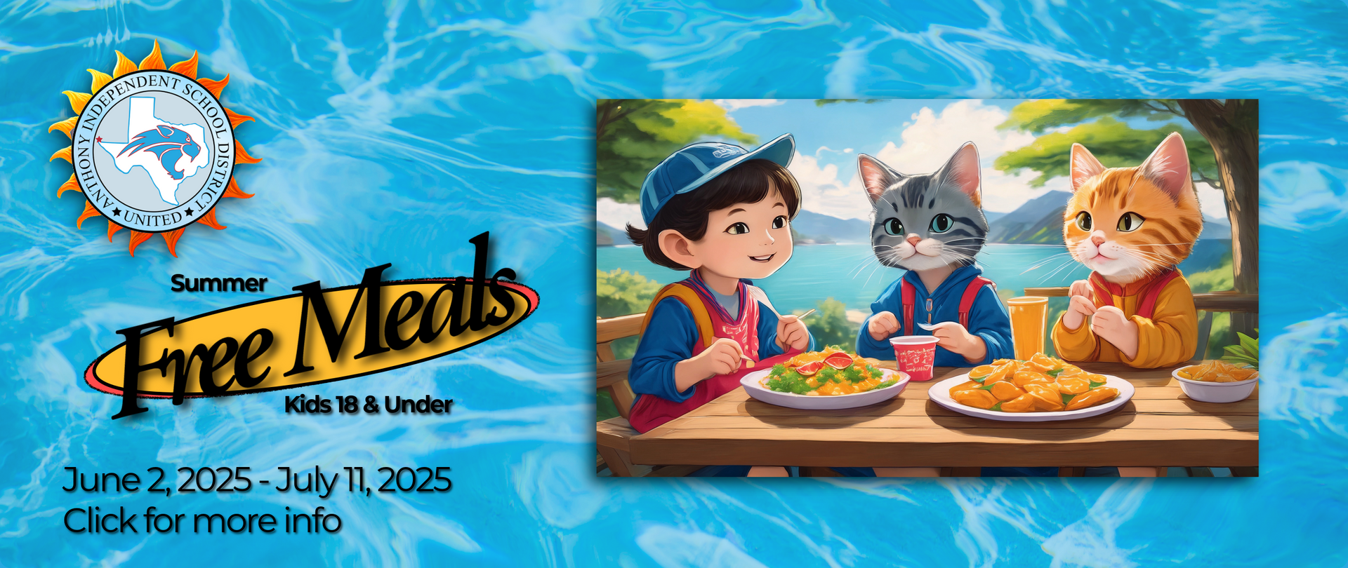 A picture of a boy and two cats sitting at a table eating food.