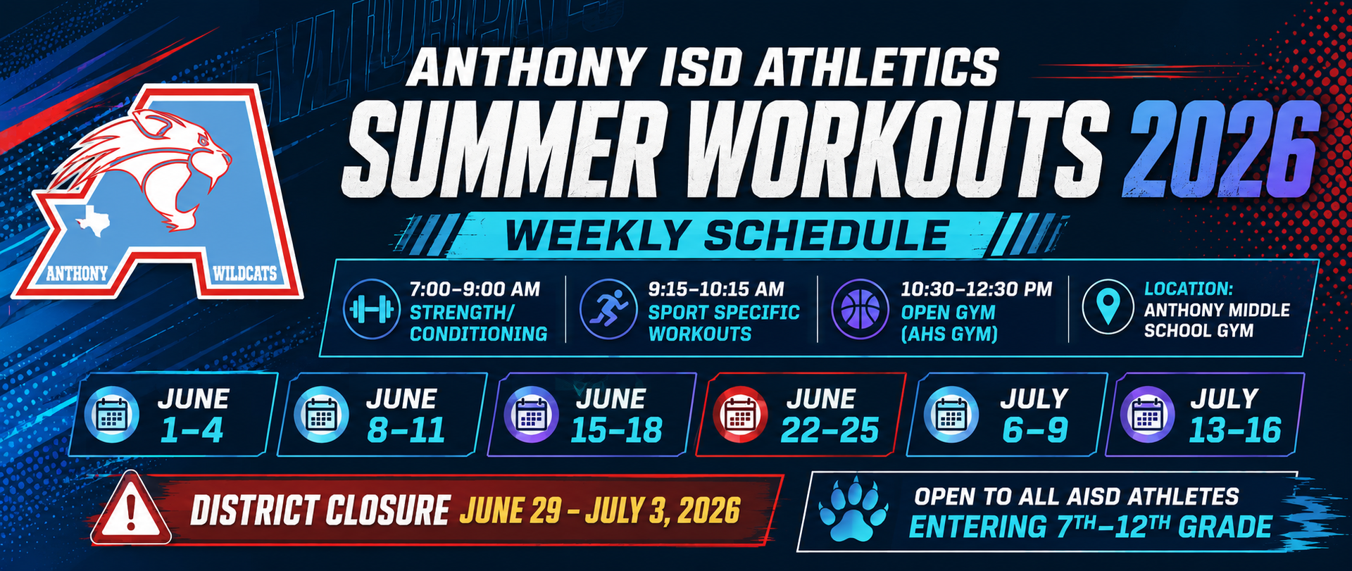 Anthony ISD Athletics Summer Workouts 2026. Select the banner to download the full summer workout schedule PDF.