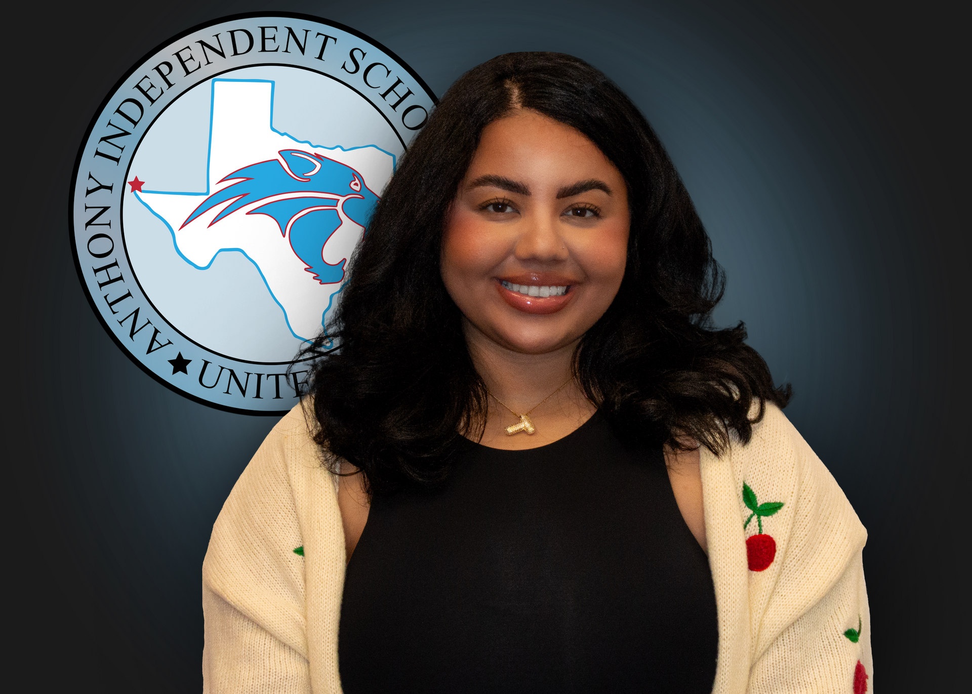 A woman is smiling in front of an anthony independent school logo