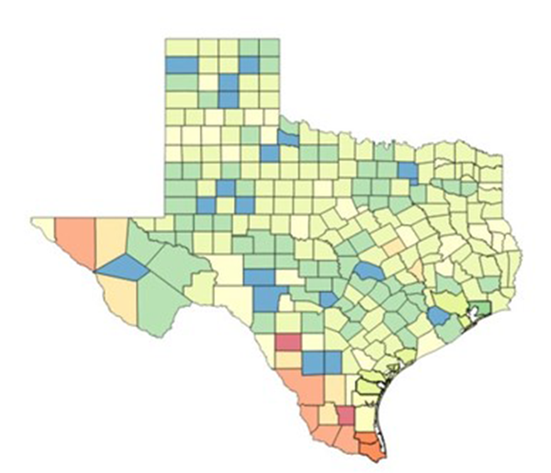 A map of the state of texas with many different colors