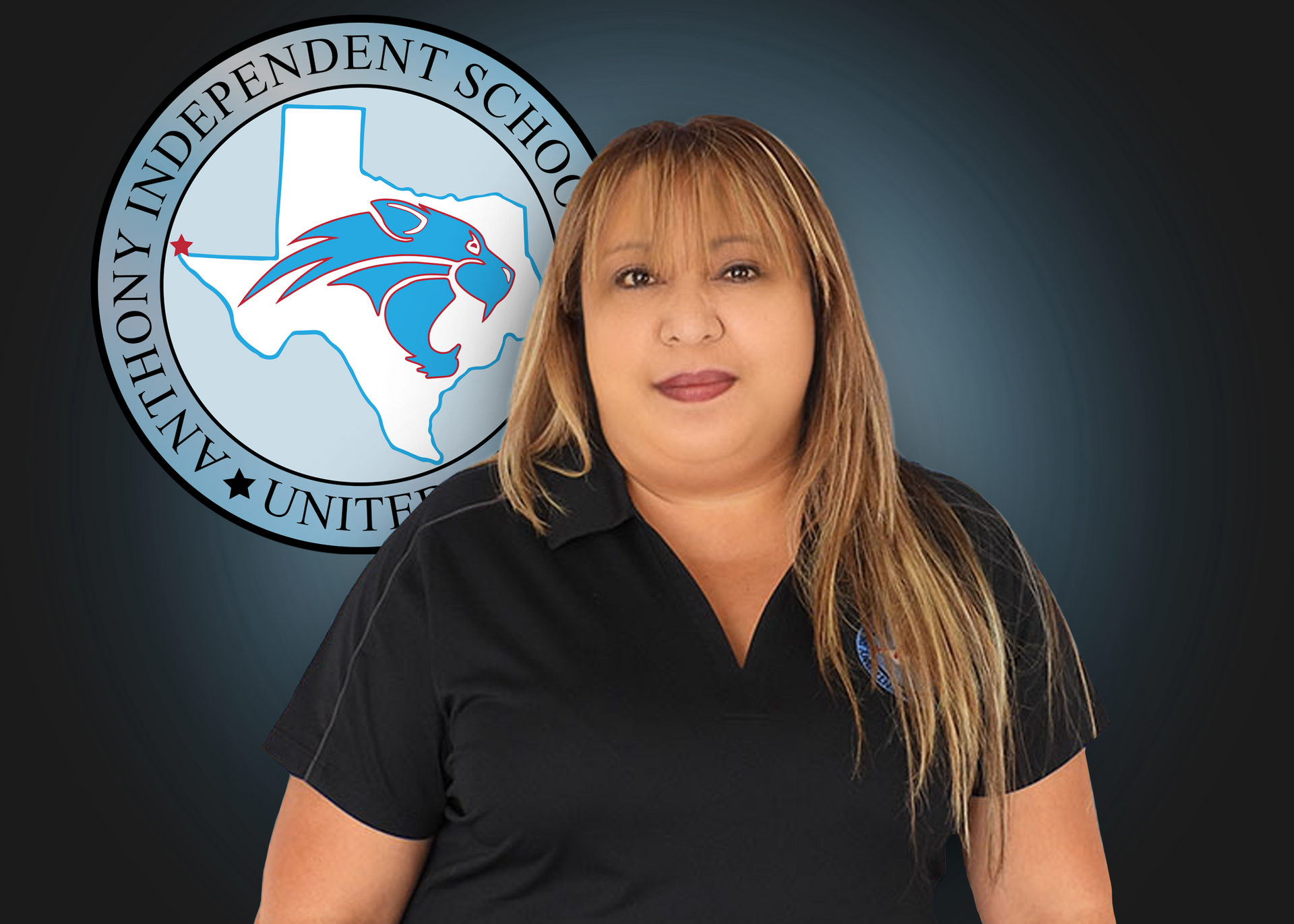 A woman in a black shirt is standing in front of an independent school logo.