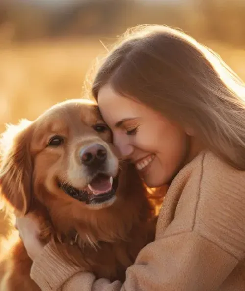 Woman smiling, embracing a golden retriever outdoors in golden light.
