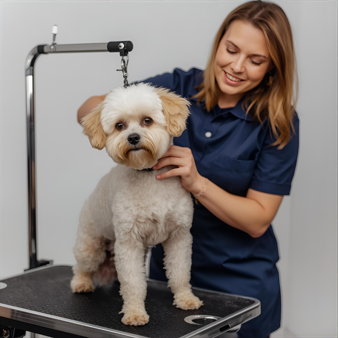 A small dog is taking a bath in a wooden bucket.