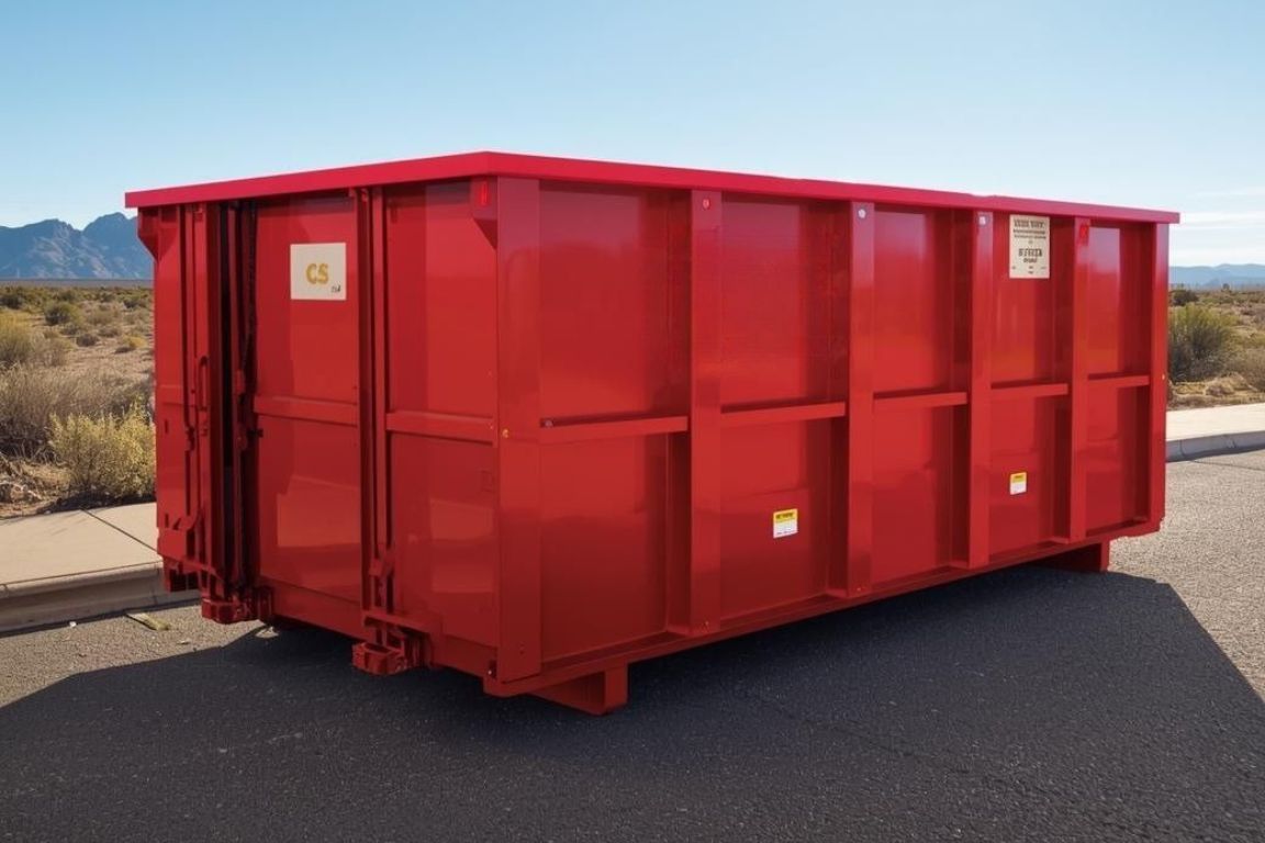 Bright red roll off dumpster set on a clean street in Surprise, AZ, ready for construction debris, remodel waste, or a large residential cleanup project.